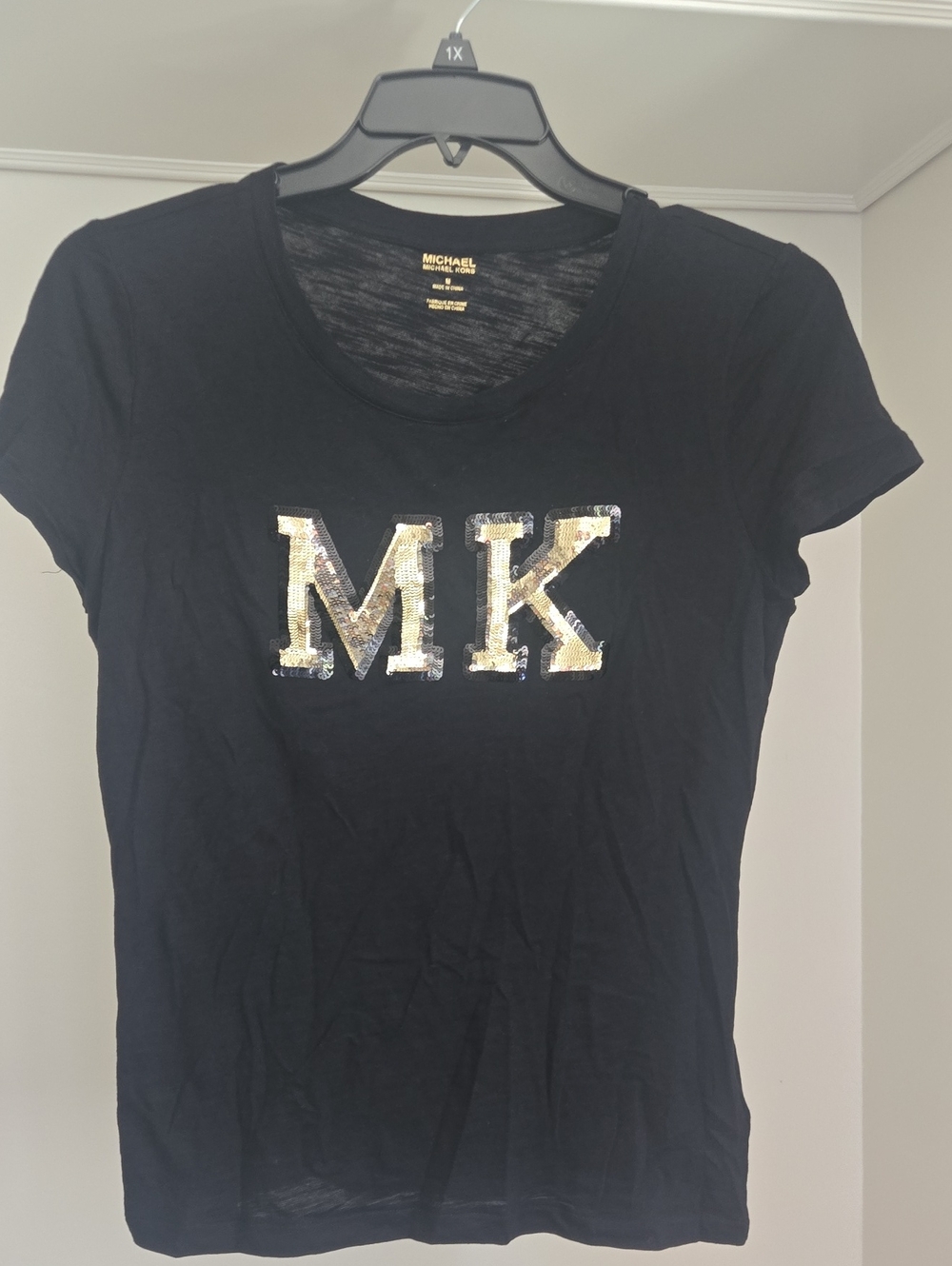 Michael Kors Black Short-Sleeve Tee with Gold MK Sequin Logo Size M